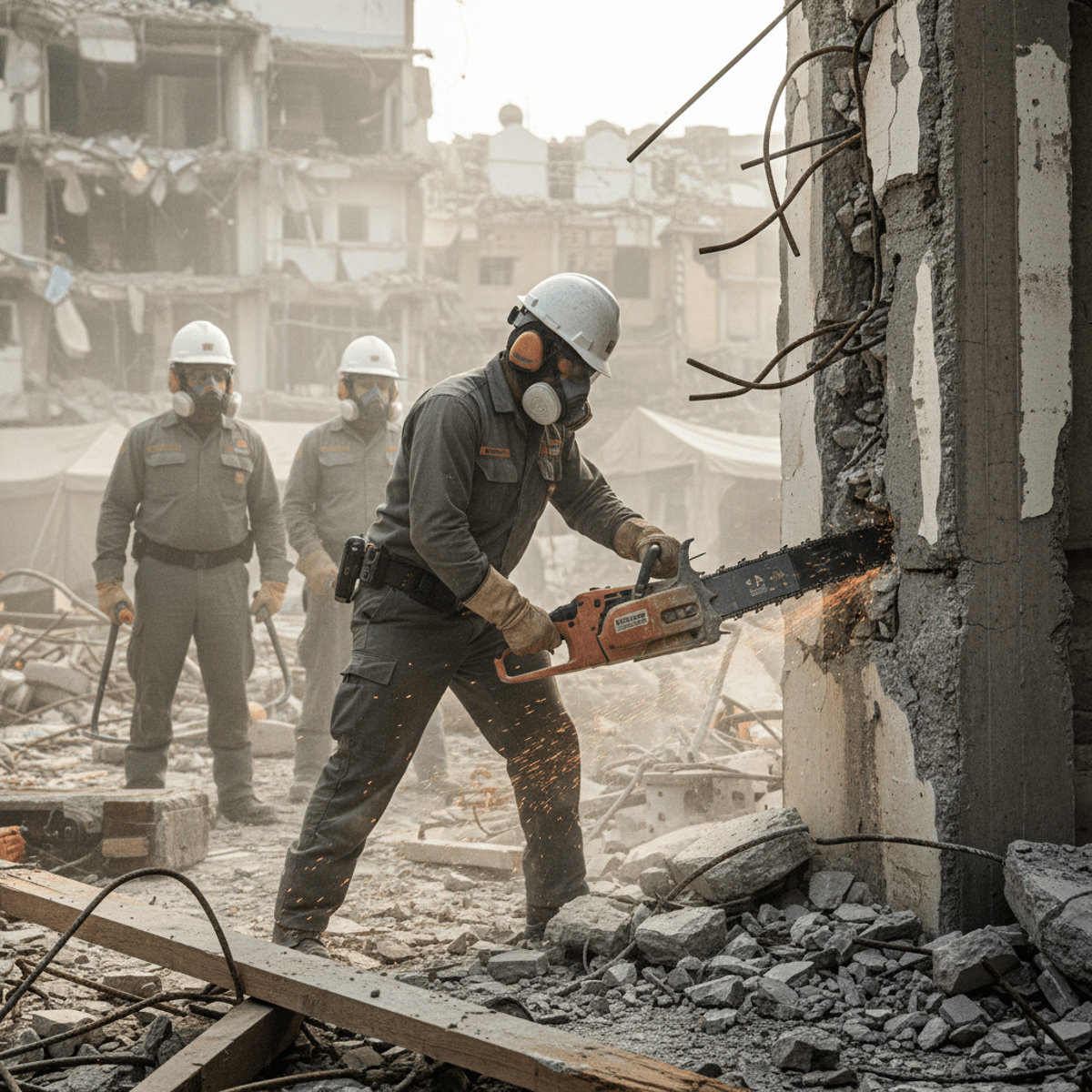 First responders use a concrete chainsaw to breach a collapsed wall on a disaster site.