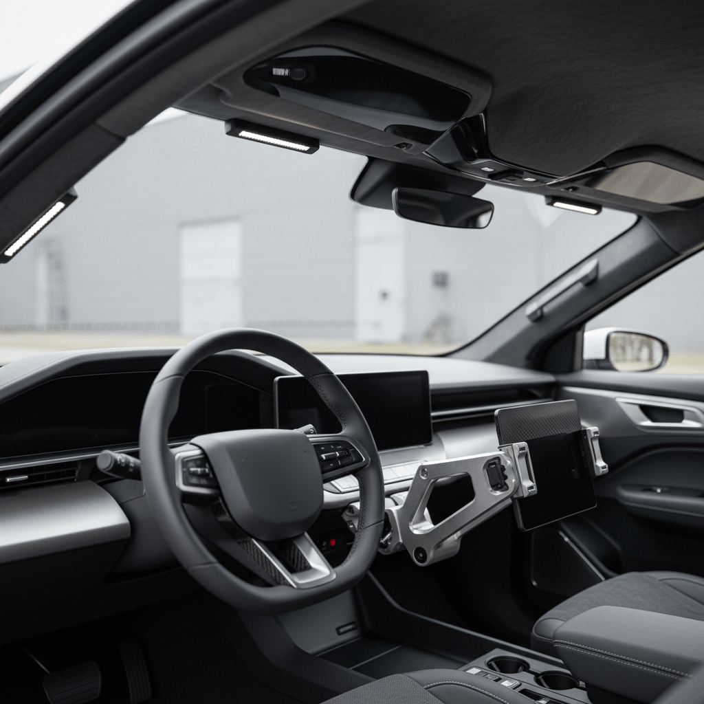 View from inside a futuristic patrol car showing integrated dual-mode police lights.