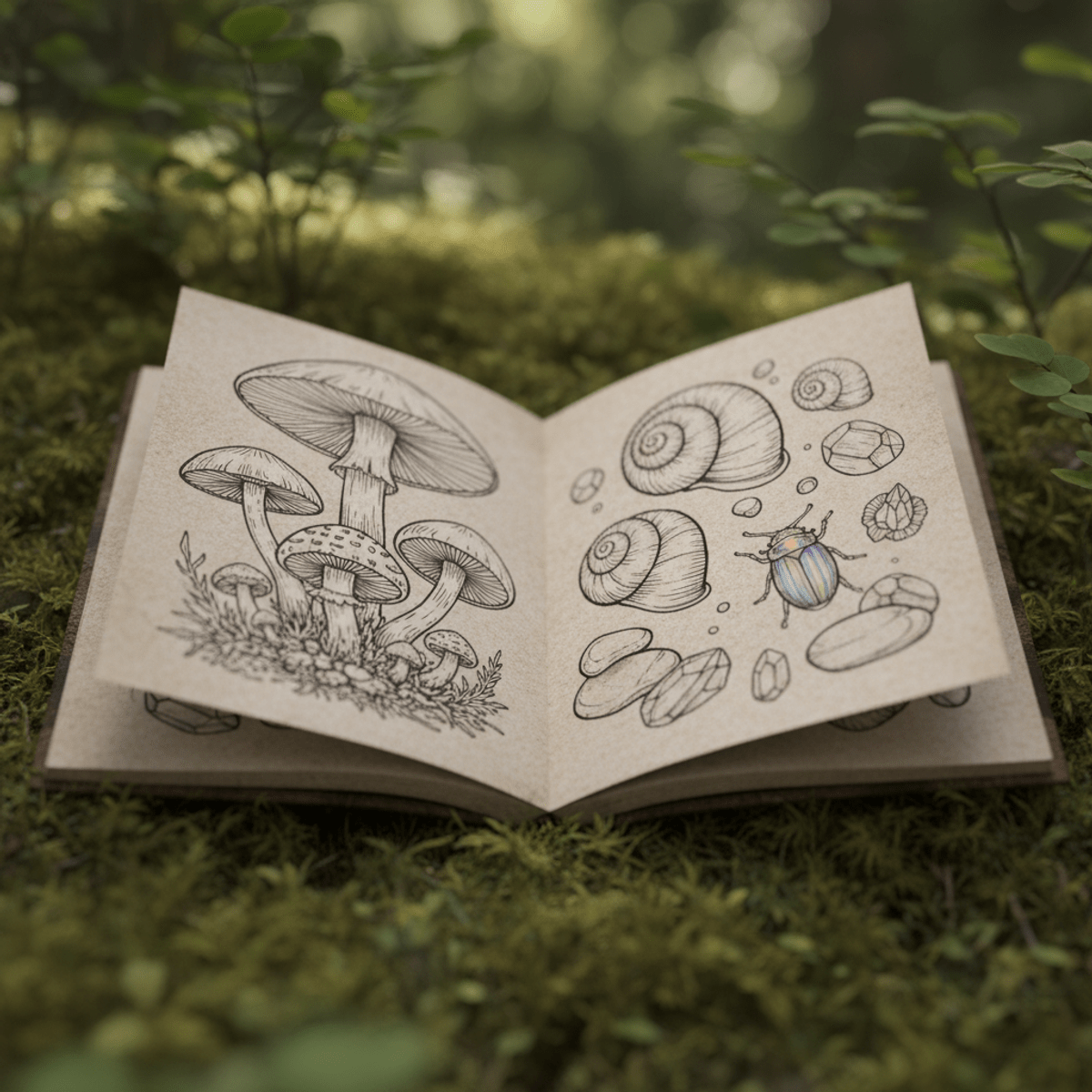 Open coloring book on mossy forest floor with detailed mushroom and insect illustrations.