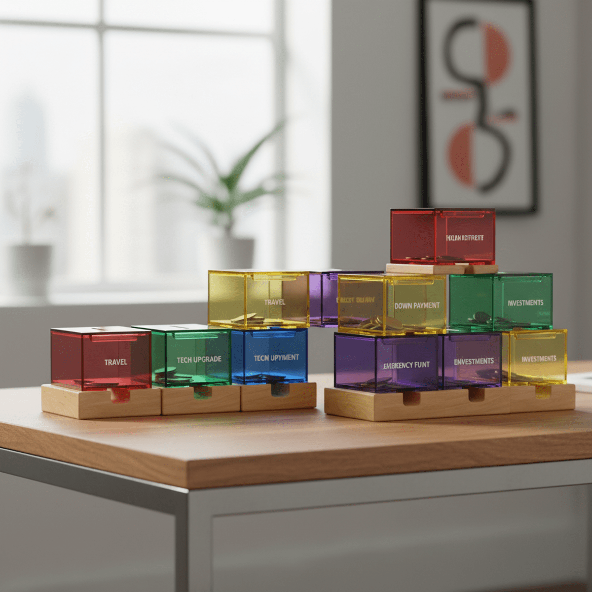 Modern modular piggy banks for saving goals Stackable modular piggy banks with wood bases and colorful acrylic modules on a desk.