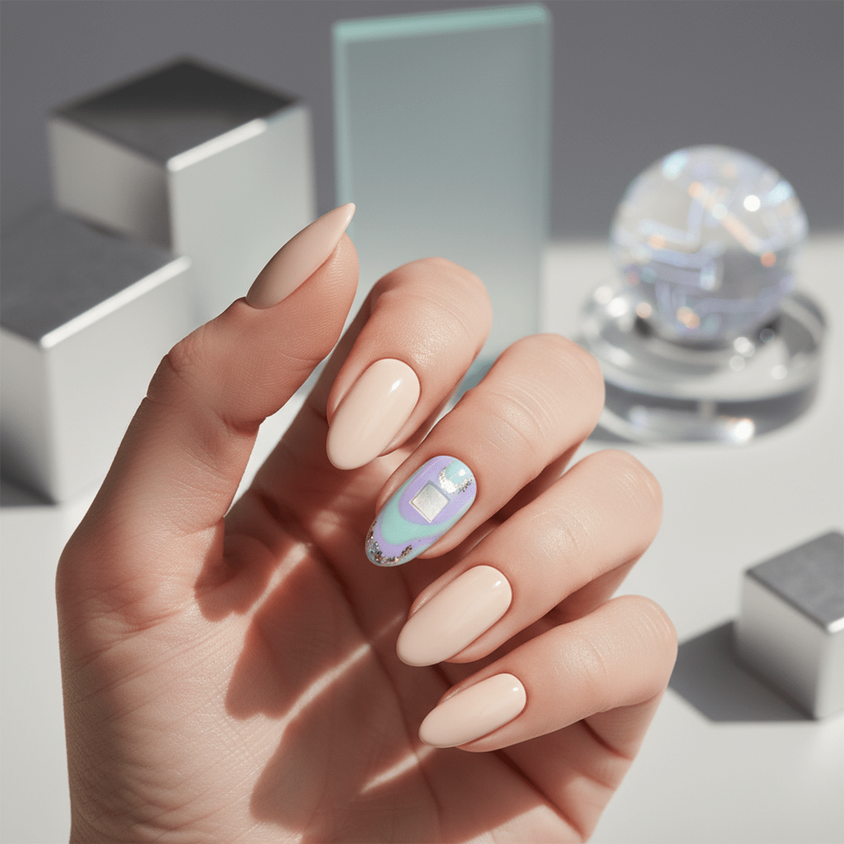 Futuristic gel manicure with pastel tones and metallic accents showing an embedded NFC chip.