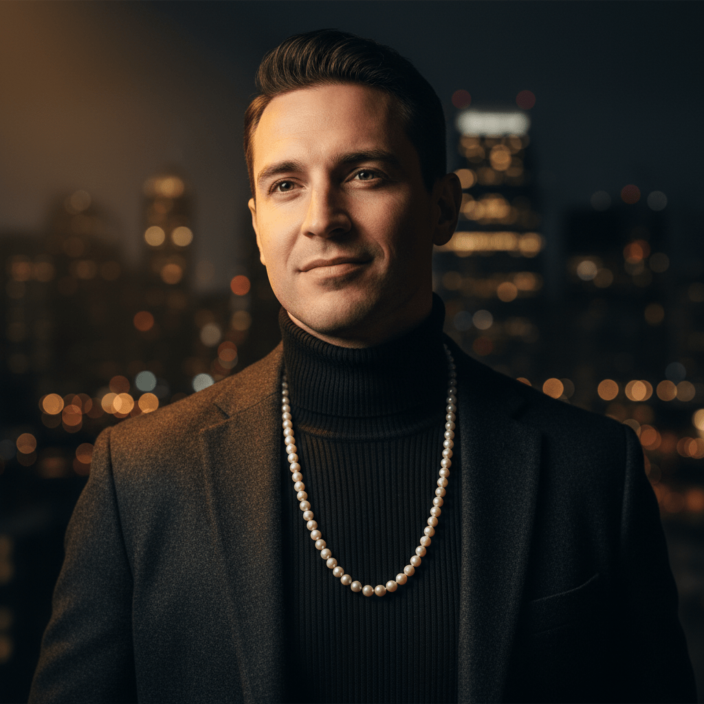 Man in charcoal blazer and turtleneck with luminous cream pearls.
