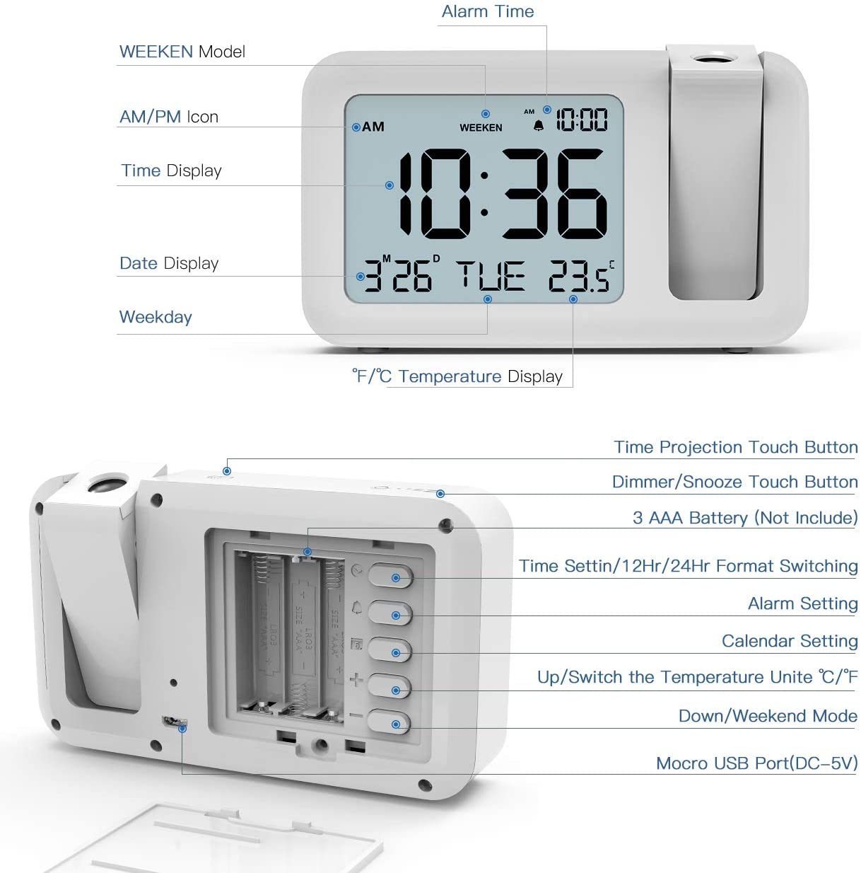 Sveglia Digitale BRISKORE Con Proiettore 180°, Display LED 7.3 Pollici, Temperatura, Ricarica USB, Dimmer, Snooze, Per Camera Da Letto - 3