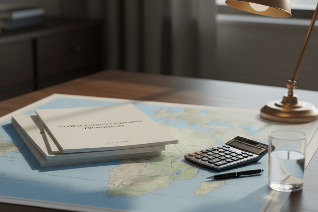 Professional desk with offshore maps and auction papers under warm light, symbolizing global energy strategy