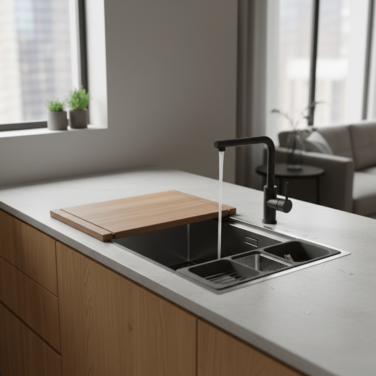 Compact urban kitchen with a modern waterfall sink and integrated wooden cutting board workstation.