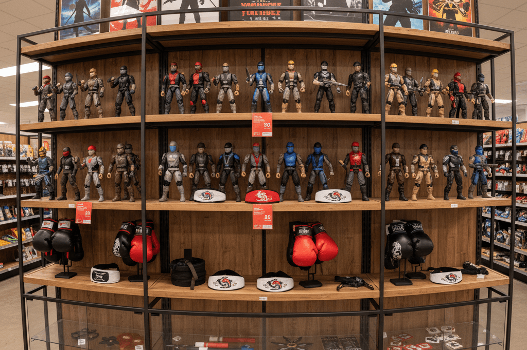 Wide shot of a retail shelf with generic action figures and themed collectibles under warm ambient light, highlighting merchandising strategies