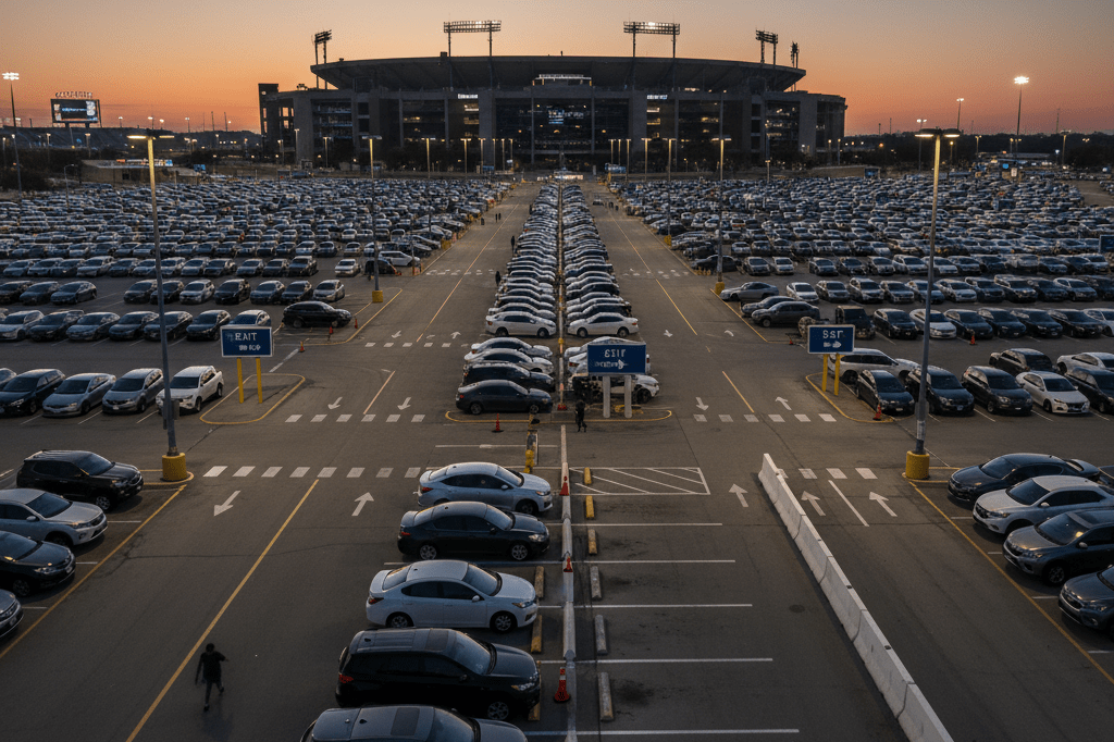 Rows of cars in a large parking lot near a stadium under warm evening light, showcasing event logistics