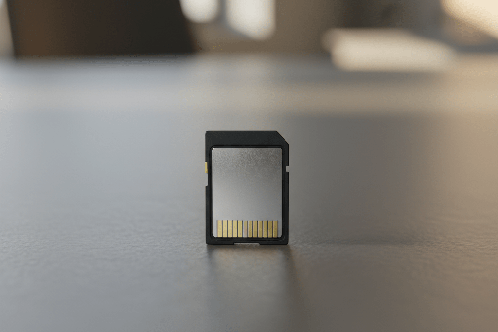 Photorealistic medium shot of an unbranded microSD card on a sleek gray metal desk surface illuminated by natural and warm office lighting