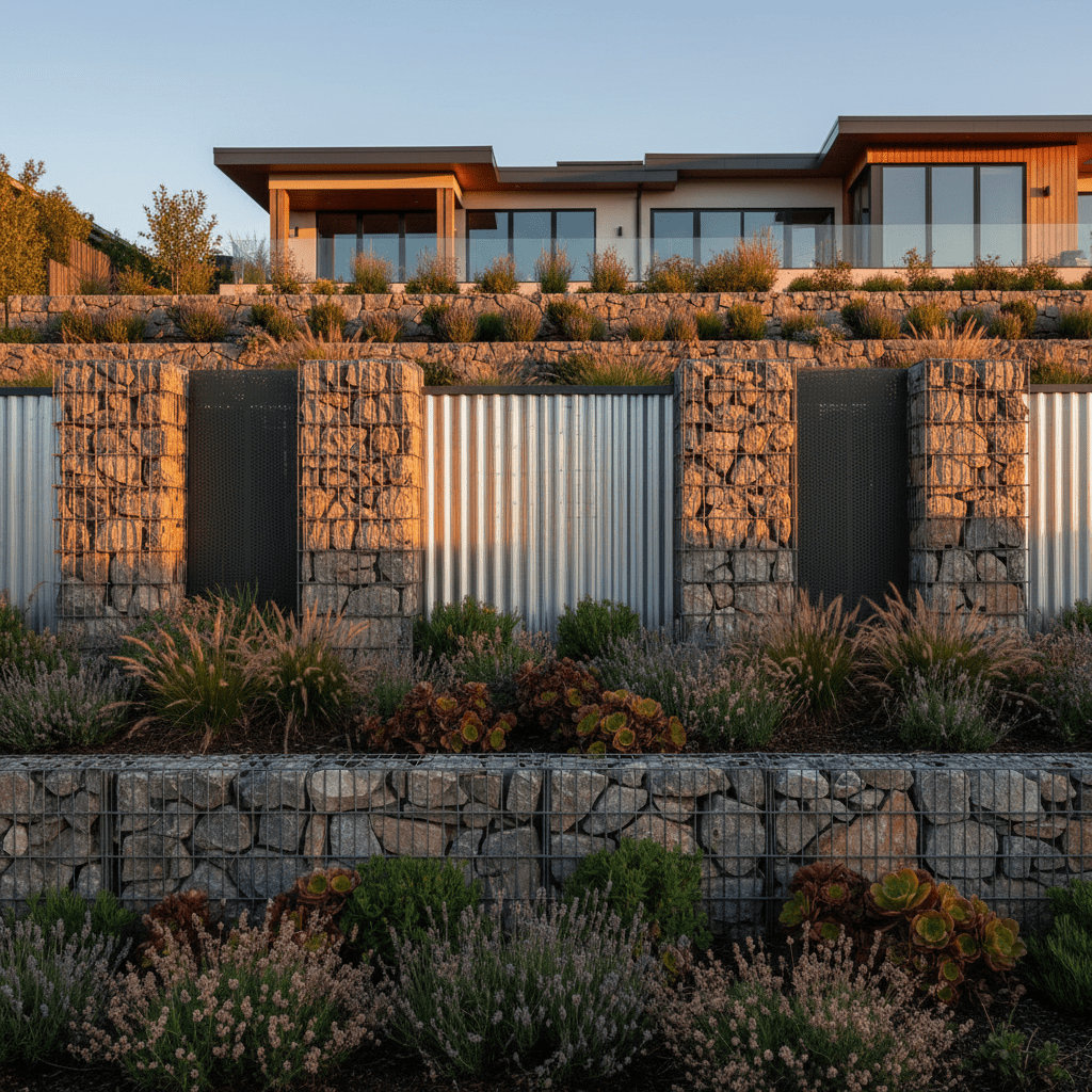 Corrugated metal fence panels and gabion walls with stone in a luxury residential setting.
