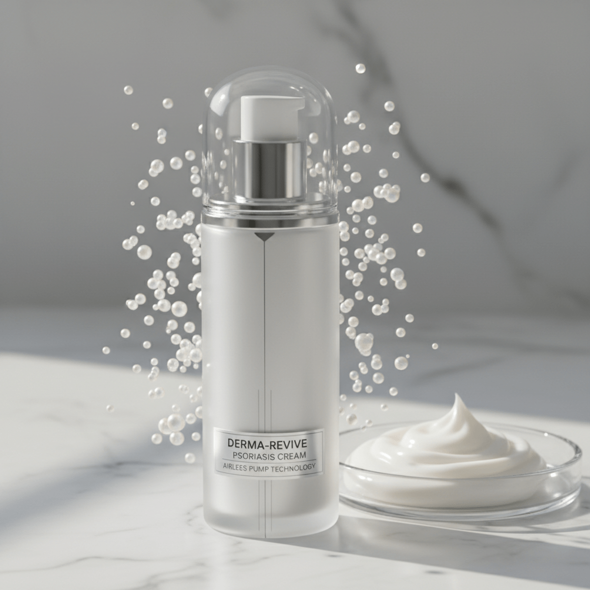 Sleek airless pump bottle of psoriasis cream with micro-encapsulated spheres.