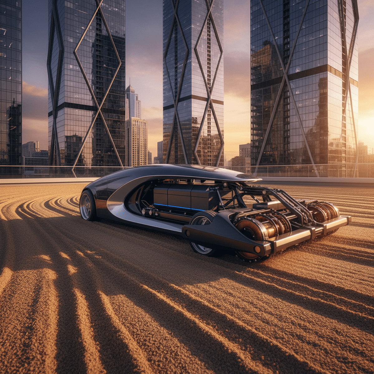 Modern hybrid arena drag with matte black and silver finishes on rooftop sand.