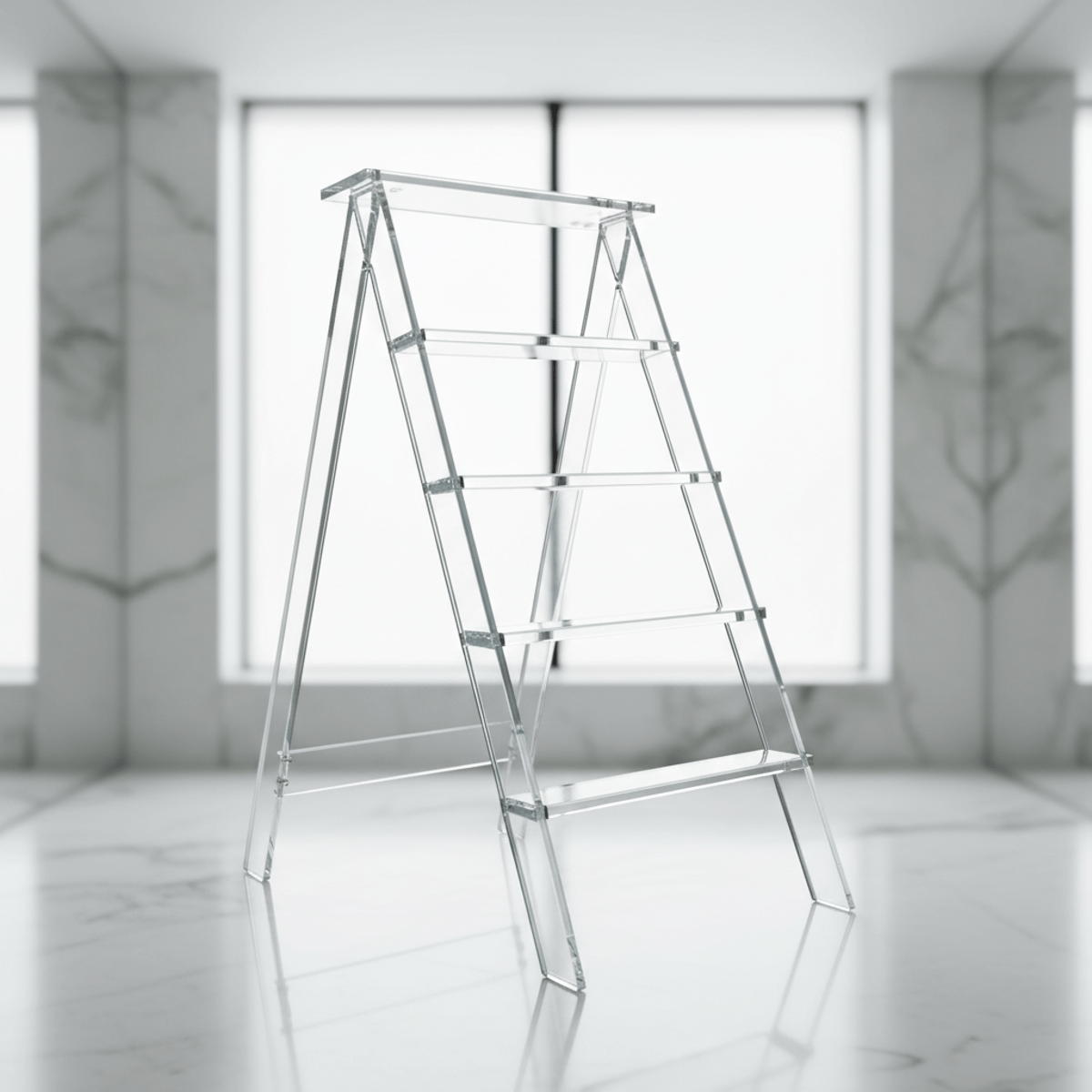 Crystal-clear acrylic folding ladder with transparent steps in a modern bathroom.