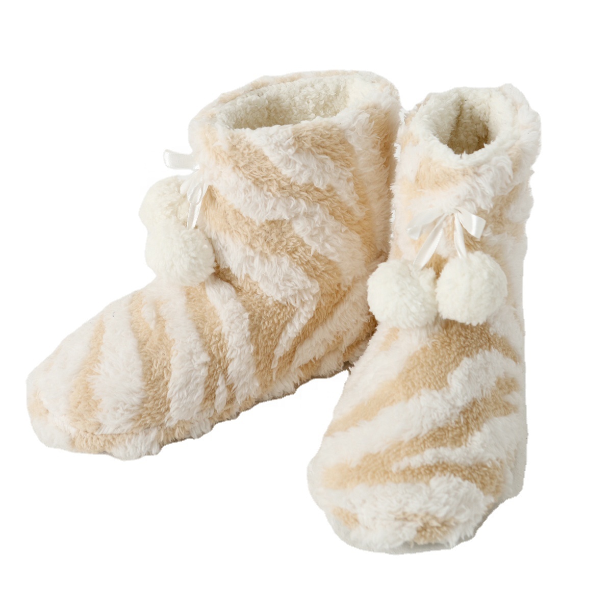 Женские ботинки с помпонами Cozy Bliss, уютные Плюшевые Рождественские зимние ботинки в полоску зебры