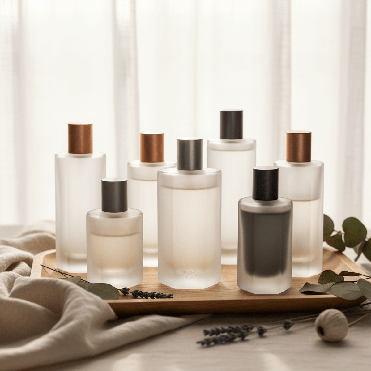 Refillable cologne bottles made from frosted recycled glass on a wooden tray.