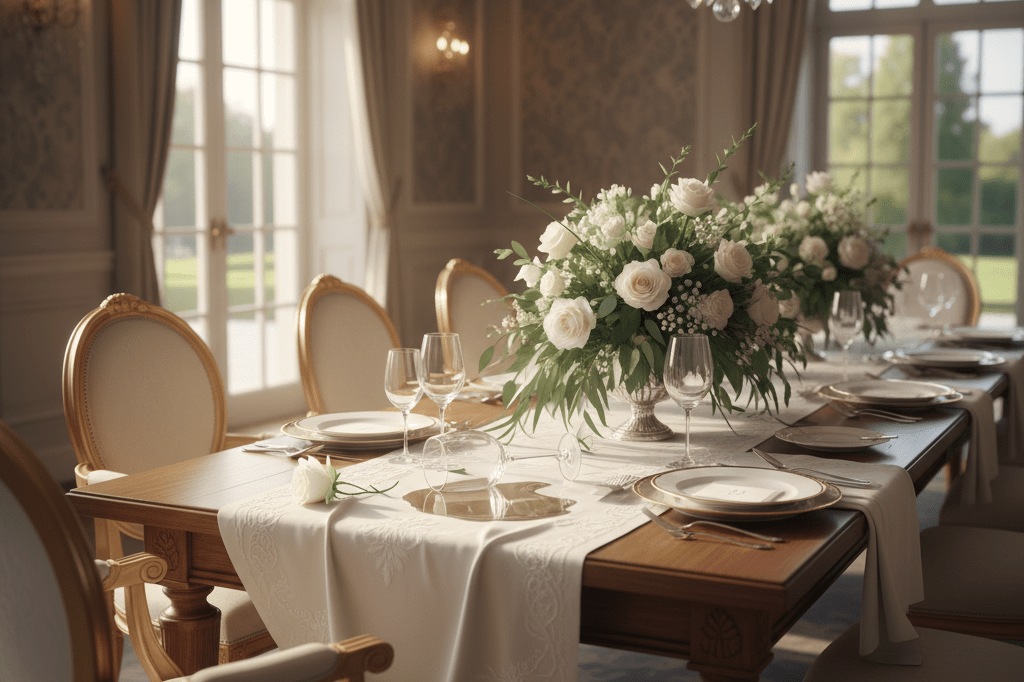 Luxurious wedding table setting with subtle disorder under soft lighting, highlighting contingency planning importance