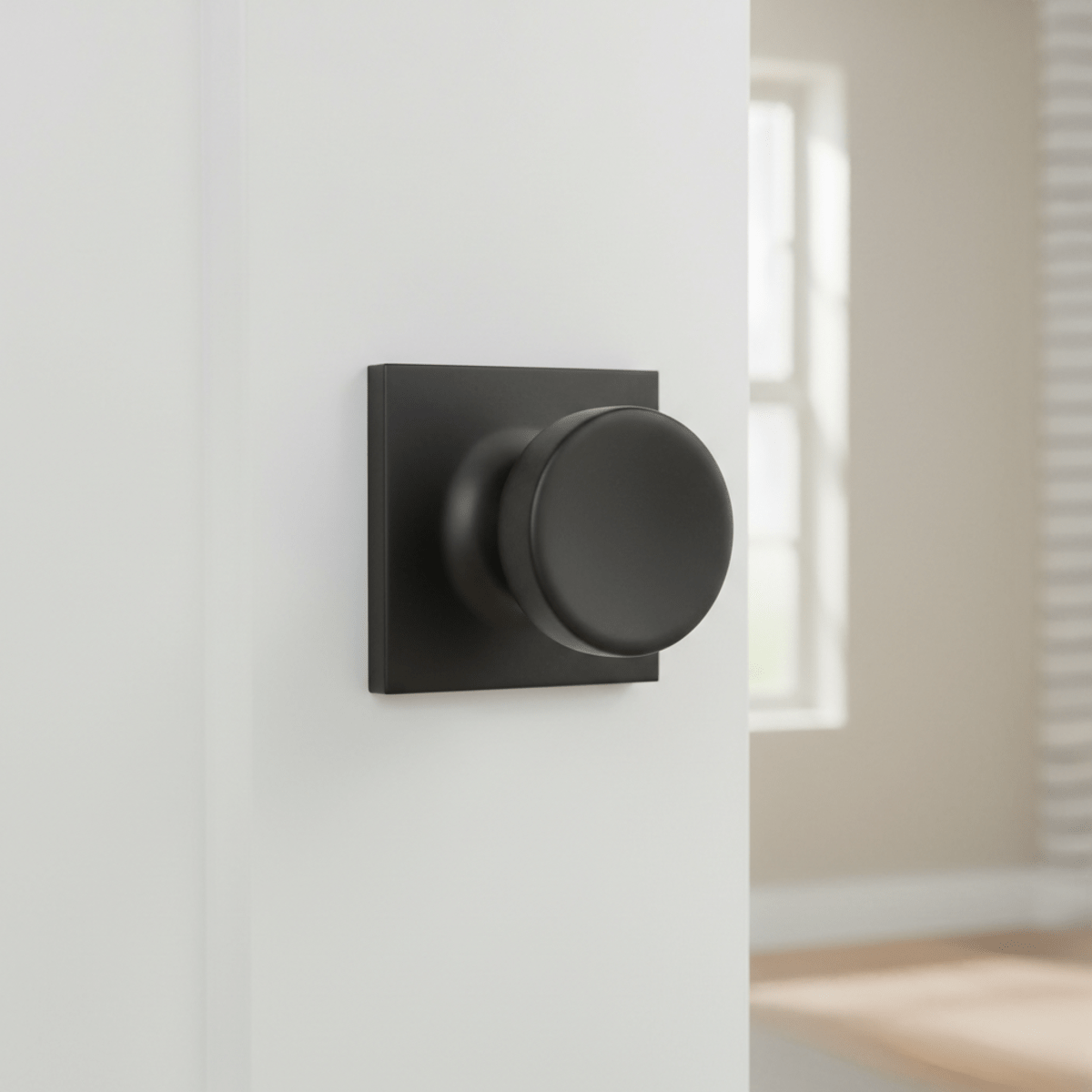 Matte black round knob with square backplate on a smooth white interior door.
