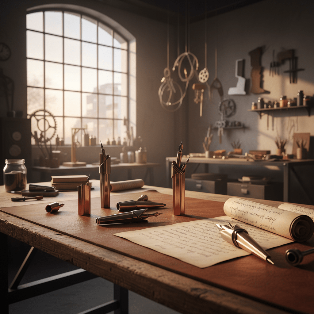Artist's workspace with recycled metal calligraphy pens and handwritten script bathed in golden light.