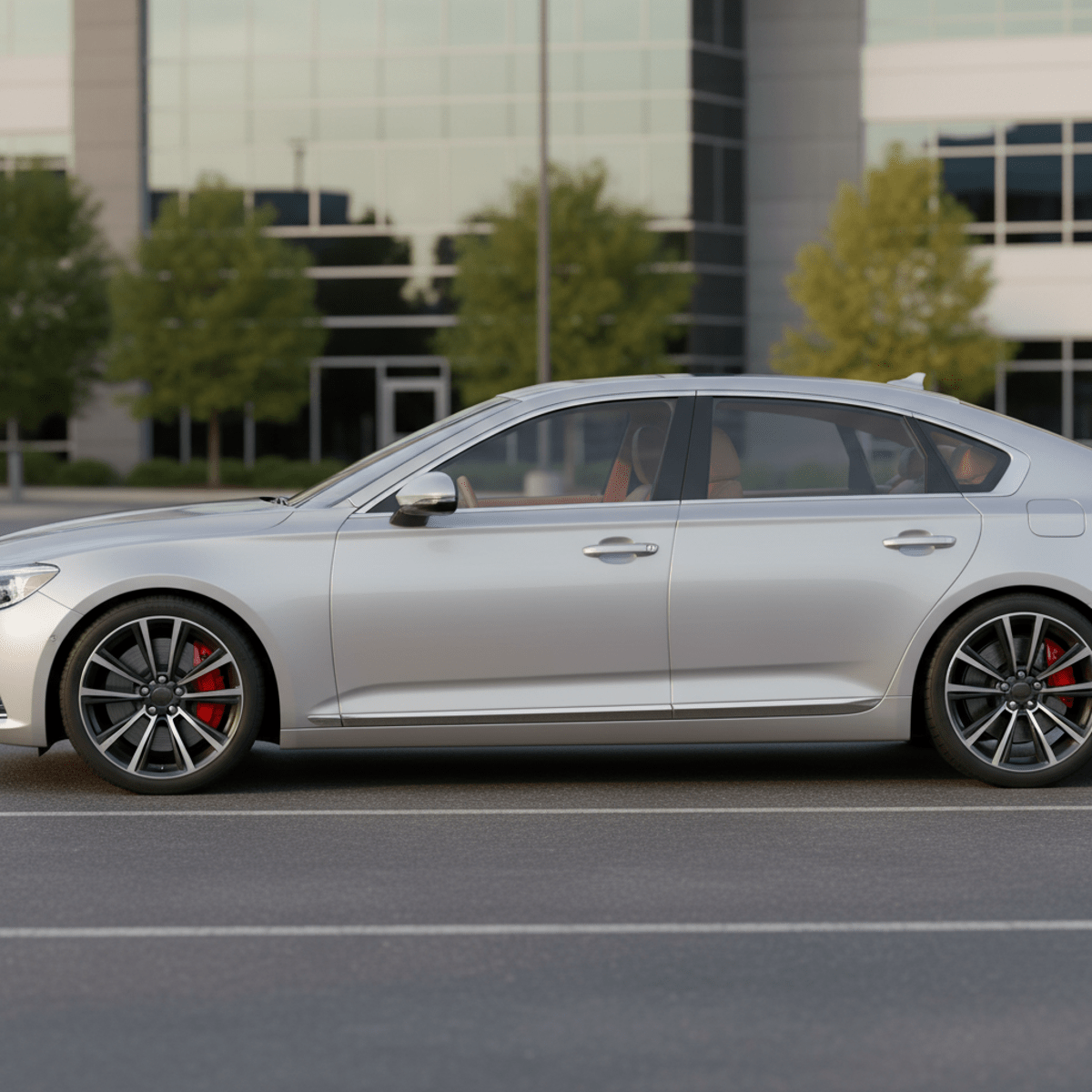 Sleek sedan with glowing brake calipers and low-profile tires in office park.