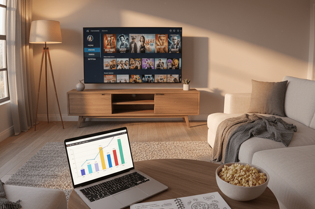 Living room featuring a TV, laptop with analytics, and cozy accessories under warm ambient light