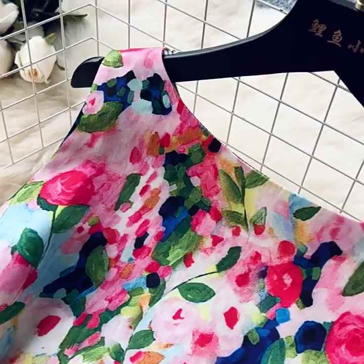 ZT1502 High-end Elegant Sleeveless Women Europe America Retro Elegant Waist  Fold Big Swing Floral Printed Dress Midi Dresses