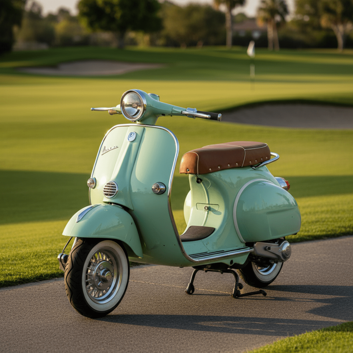 Mint green electric golf scooter with 1960s Italian design on a golf course.