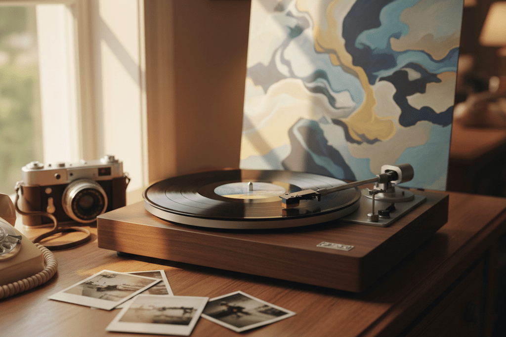 Close-up image of a vintage-inspired vinyl record player surrounded by retro objects under soft ambient lighting