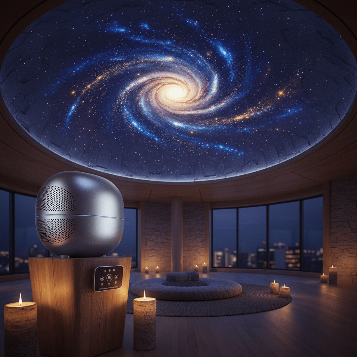 Futuristic star projector in a serene therapy room with galaxy visuals.