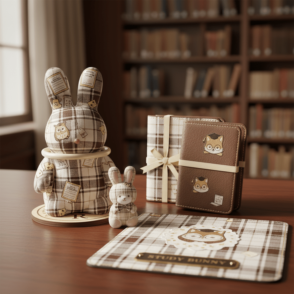 Kawaii rabbit desk set with plaid and library motifs on polished mahogany.