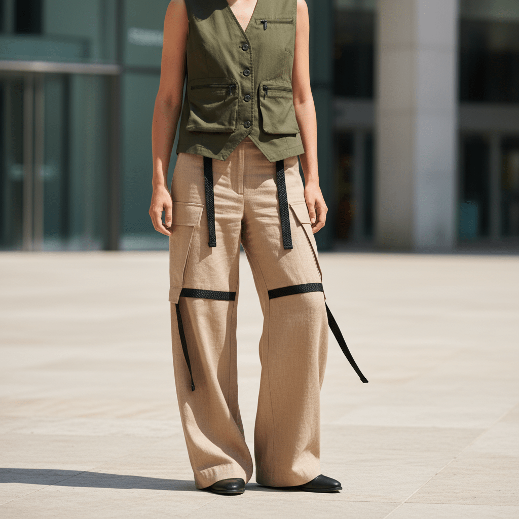 Stylish cargo trousers and vest with strategic pockets in a sunlit urban plaza.