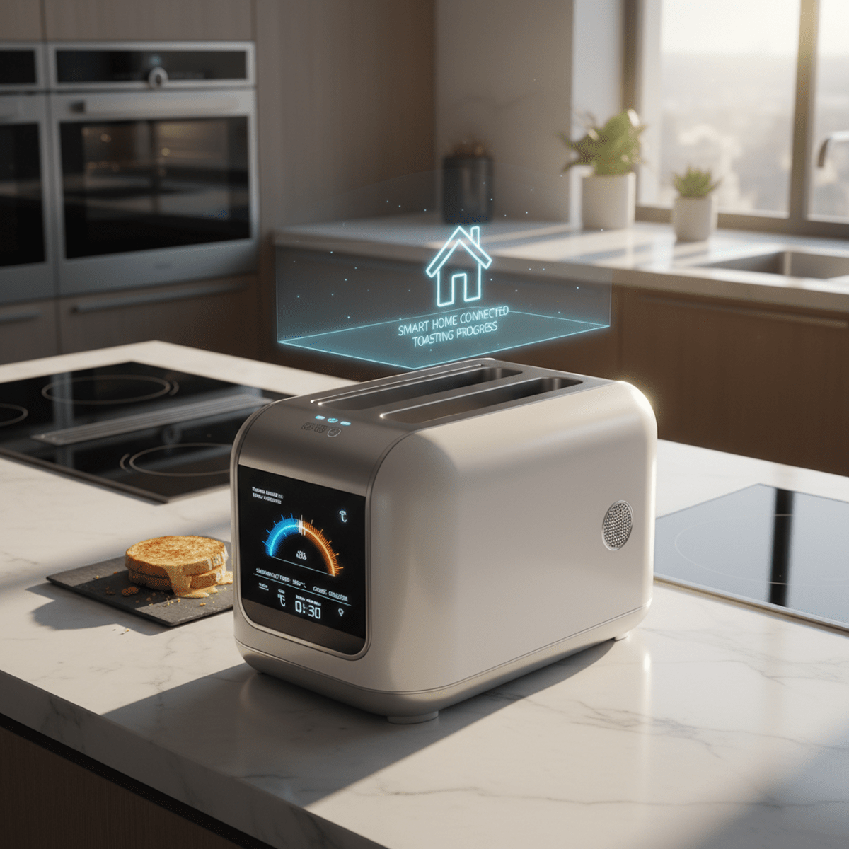 Modern smart toaster with LED interface on a white marble kitchen counter.