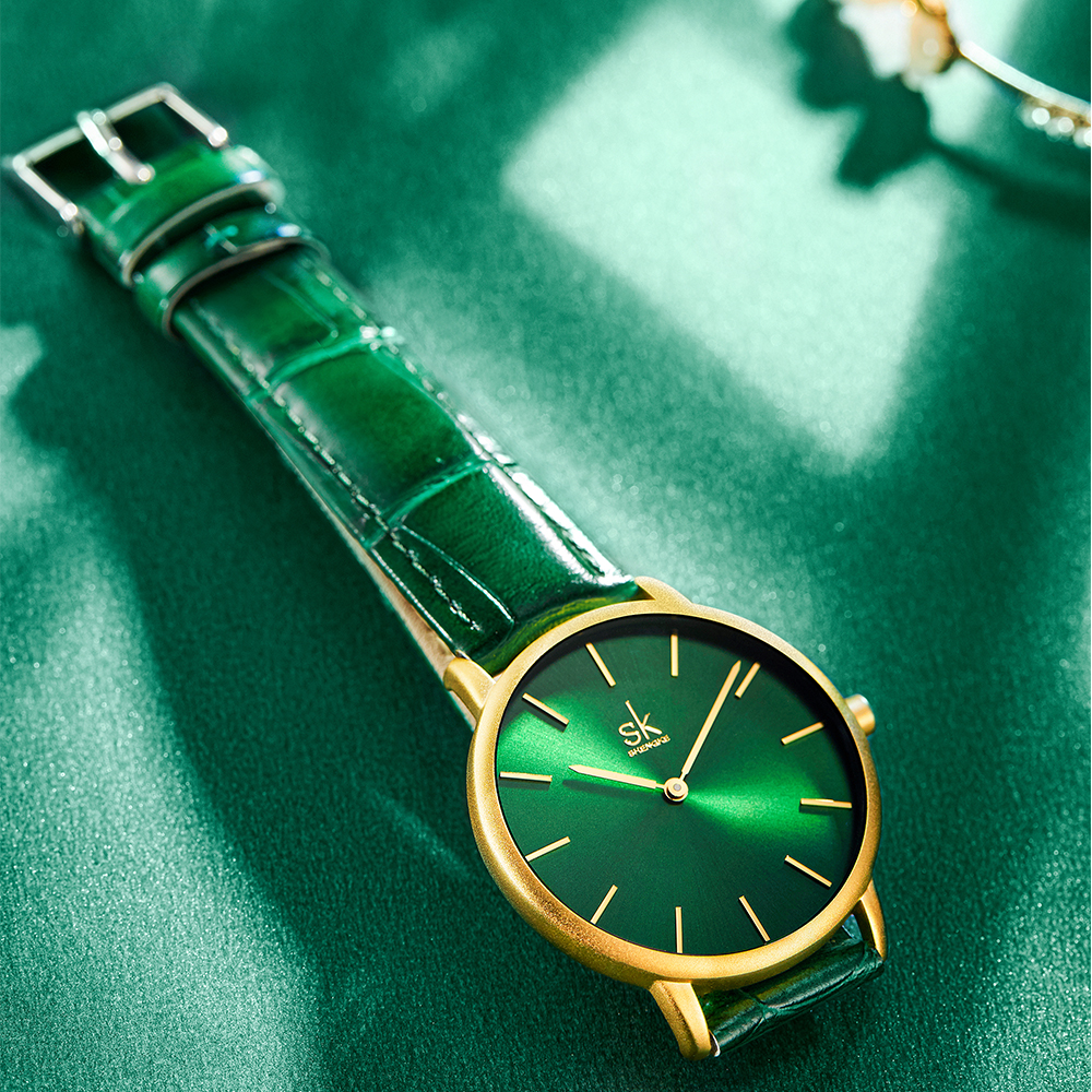 Shengke Women's Watches Fashion Green Dial Ladies Watch Luxury Ultra Thin Female Quartz Wristwatch Green Leather Relojes K0134