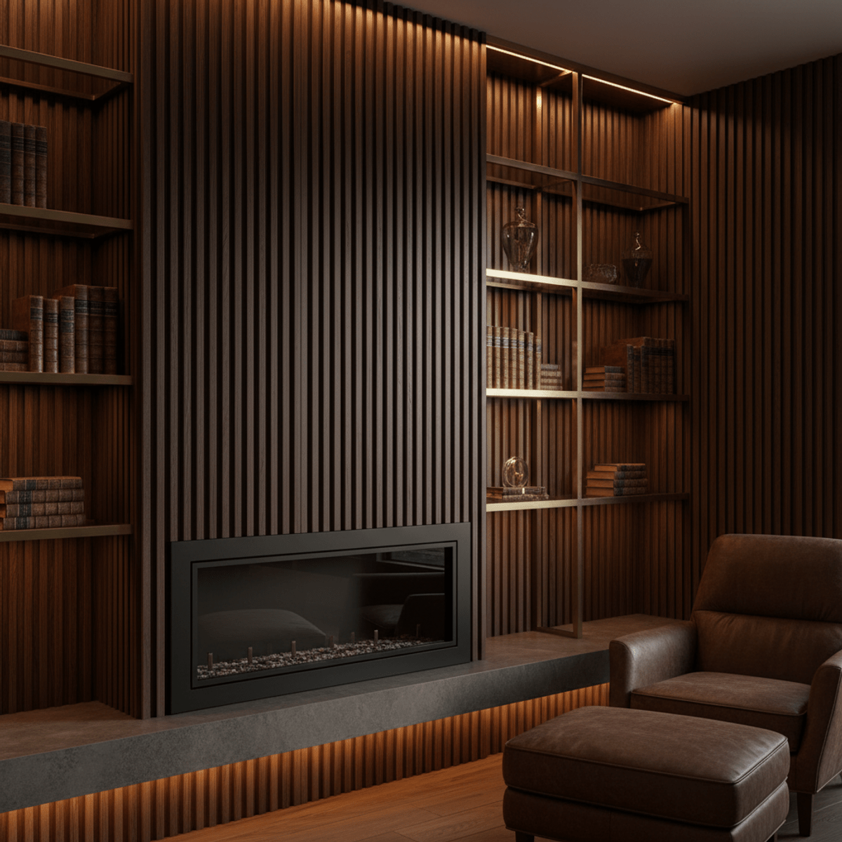 Dark walnut fluted wall paneling with warm wood tones. Close-up of dark walnut wall paneling with vertical fluting and warm wood tones.