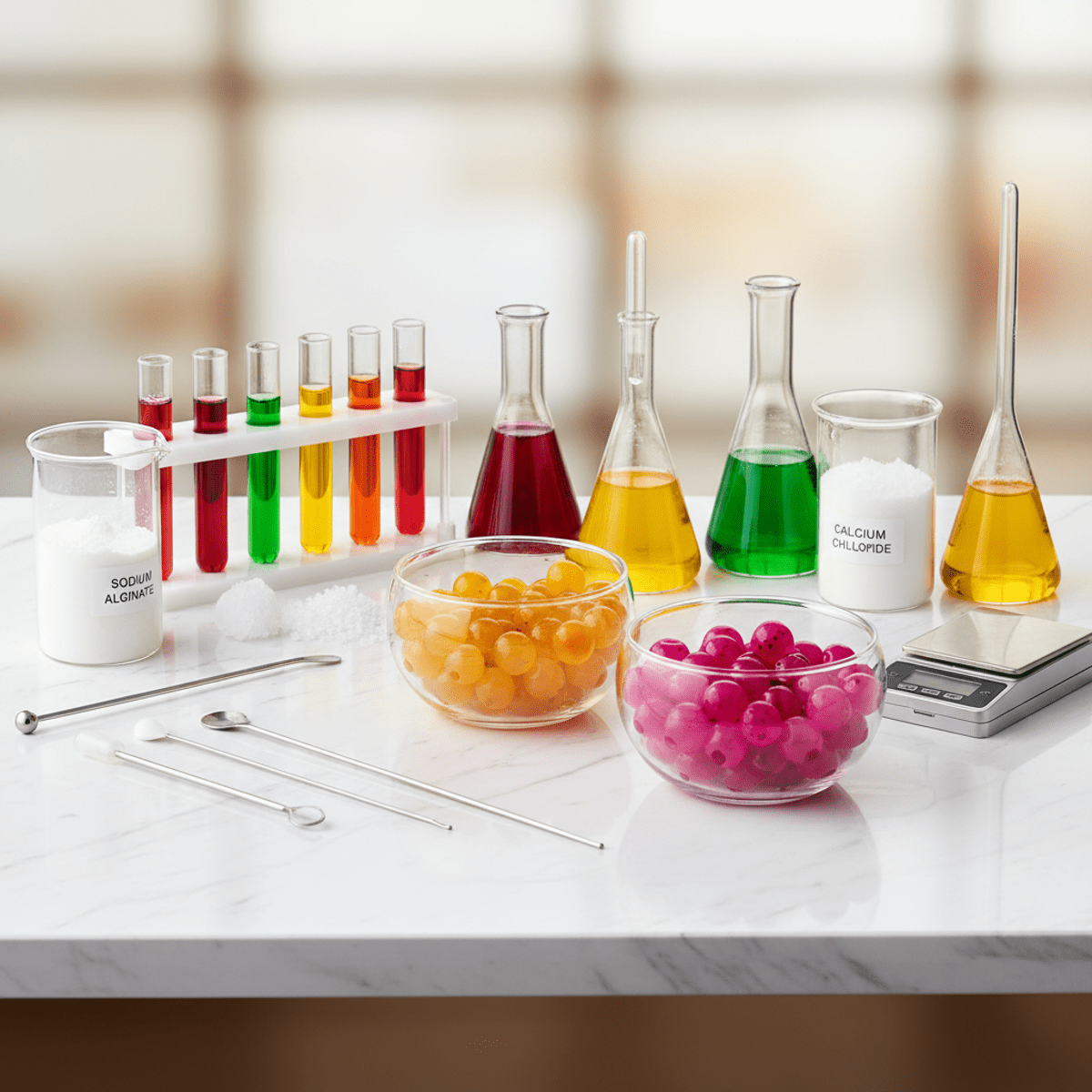 Molecular gastronomy kit with colorful fruit spheres DIY molecular gastronomy kit with vibrant fruit spheres and lab equipment.