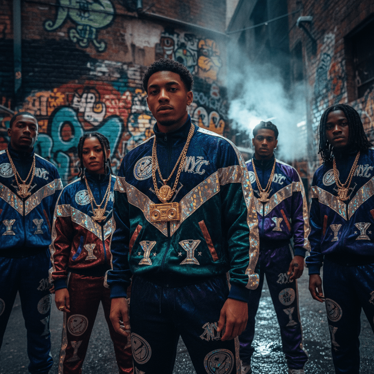 1980s hip hop streetwear scene in 2026 with bold patterns and gold chains.