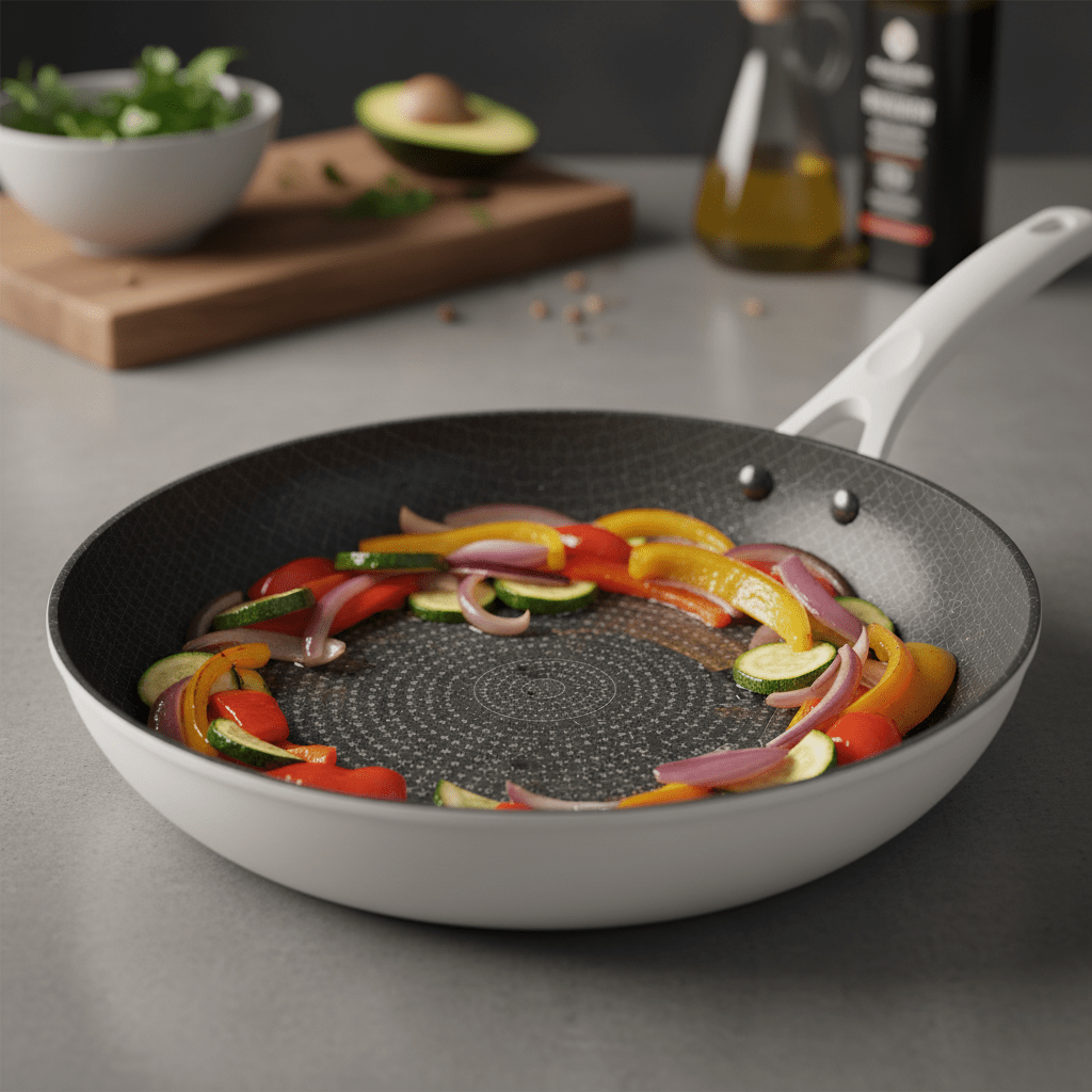 Sleek non-stick sauté pan with micro-textured interior, sizzling vegetables with rich browning.