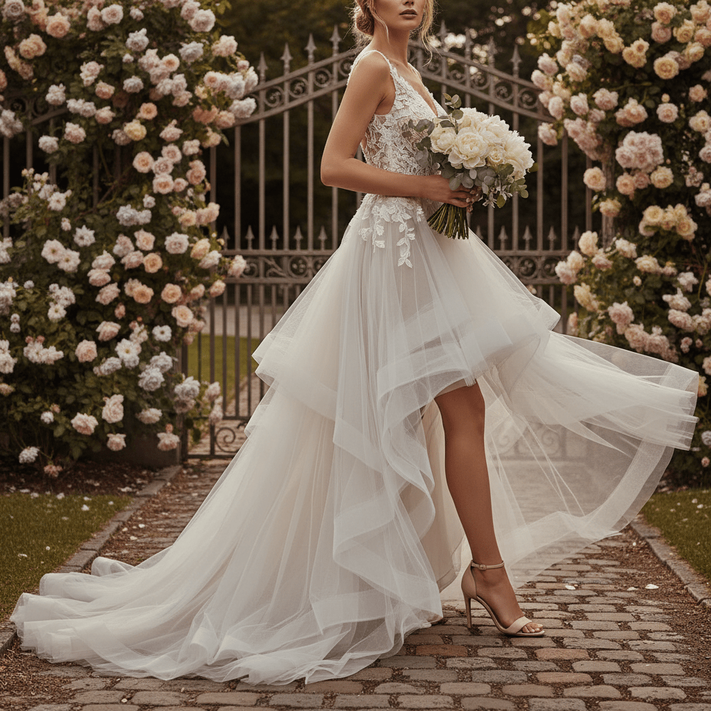 Bride in a flowing high-low tulle wedding gown on a cobblestone garden path.
