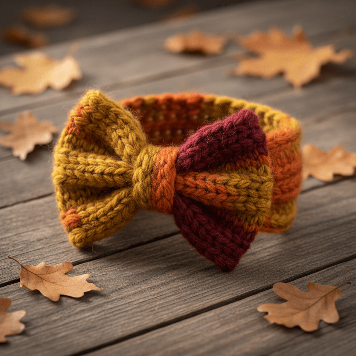 Chunky knit bow headband in autumn colors on rustic wood with dried leaves.