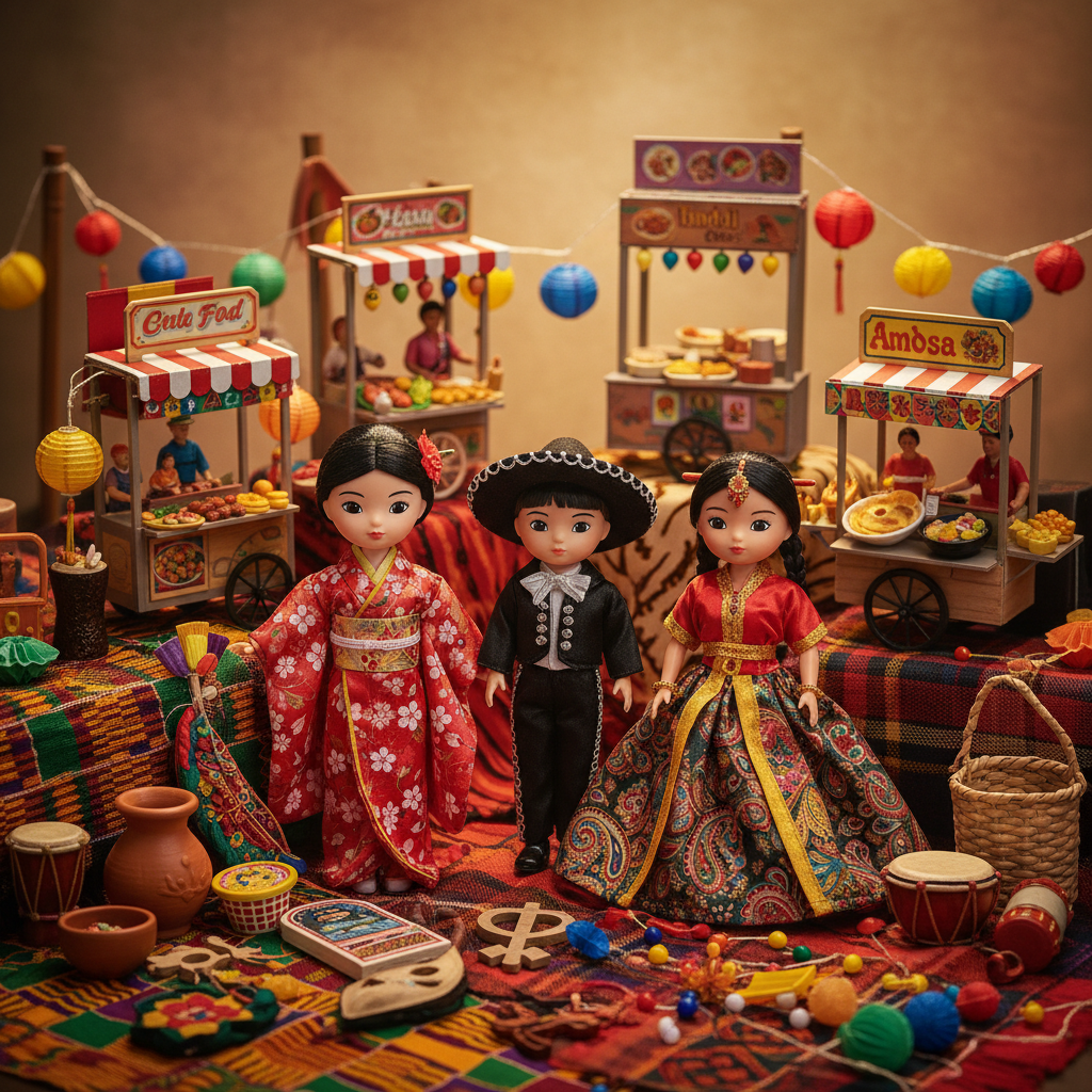 Intricately crafted diverse toys and cultural artifacts with vibrant patterned fabrics.
