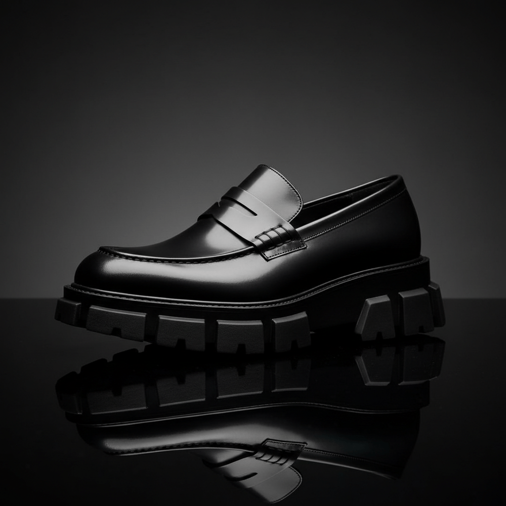 Black men's loafer with bold architectural sole and geometric lug design.