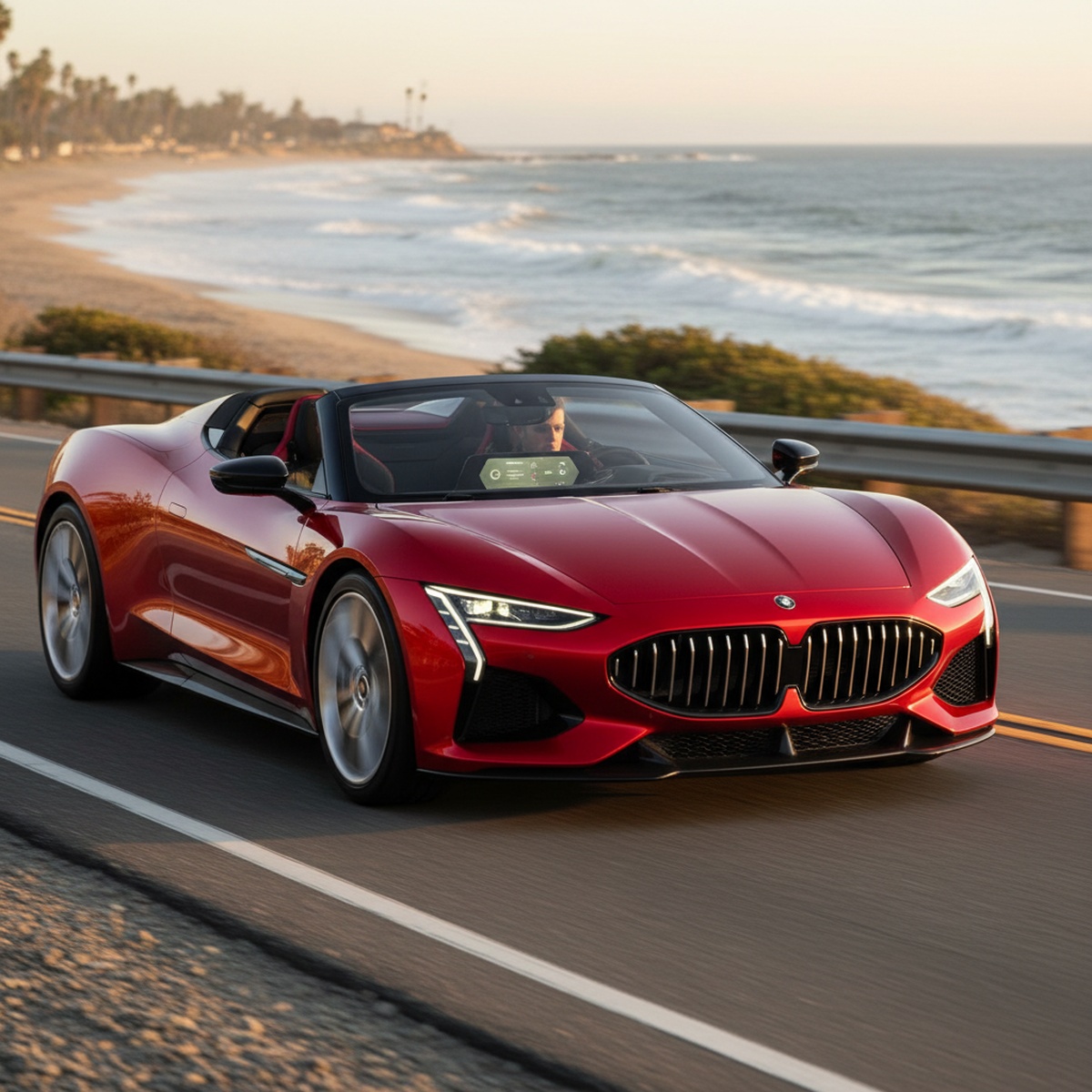 Vibrant red convertible sports car with top down on a coastal highway at golden hour.