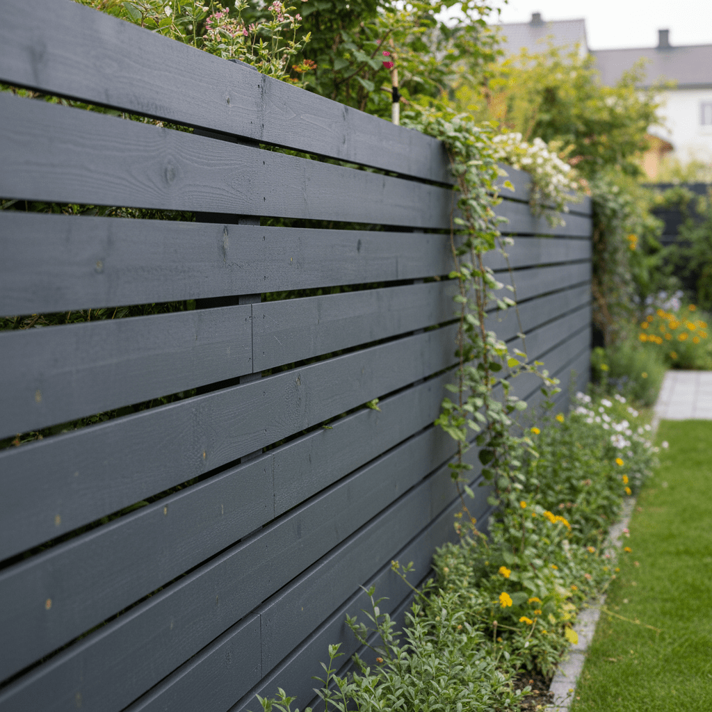 Modern charcoal-stained pallet wood fence in a lush suburban garden.