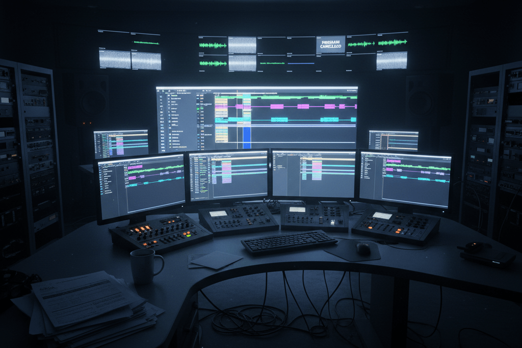 Wide shot of unoccupied TV studio control room with glowing monitors showing generic timelines, symbolizing disrupted production schedules