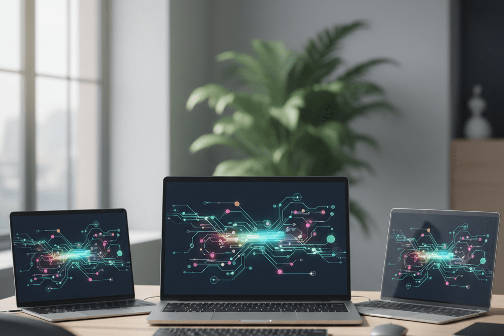 Unoccupied desk with laptop screens showing abstract connected workflow diagrams under natural light
