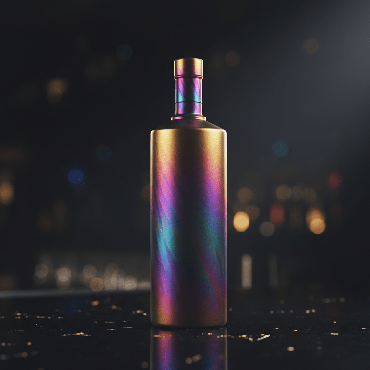 Sleek iridescent vodka bottle shimmering with rainbow hues on a black bar counter.
