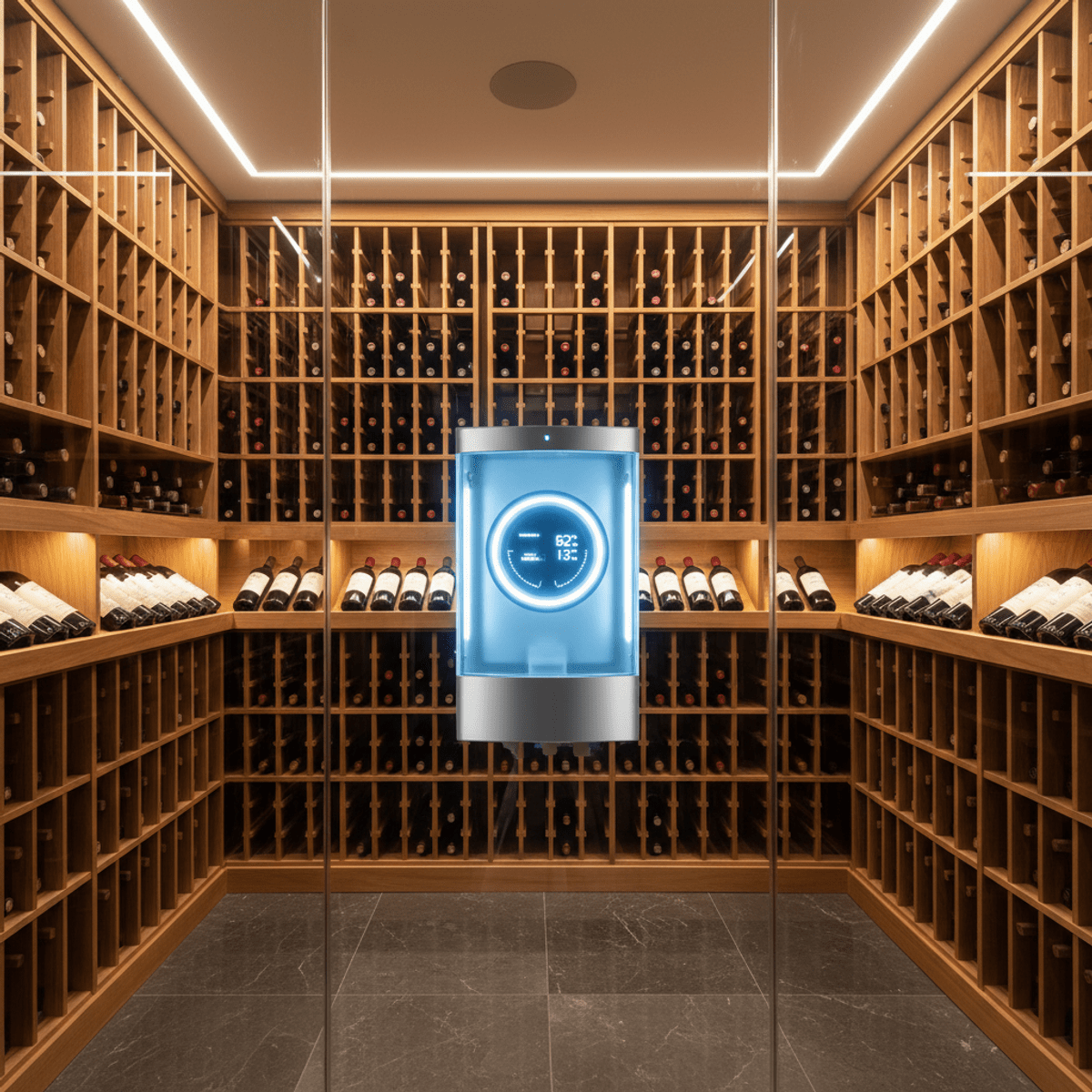 Modern glass-walled wine cellar with cedar racks and climate control.