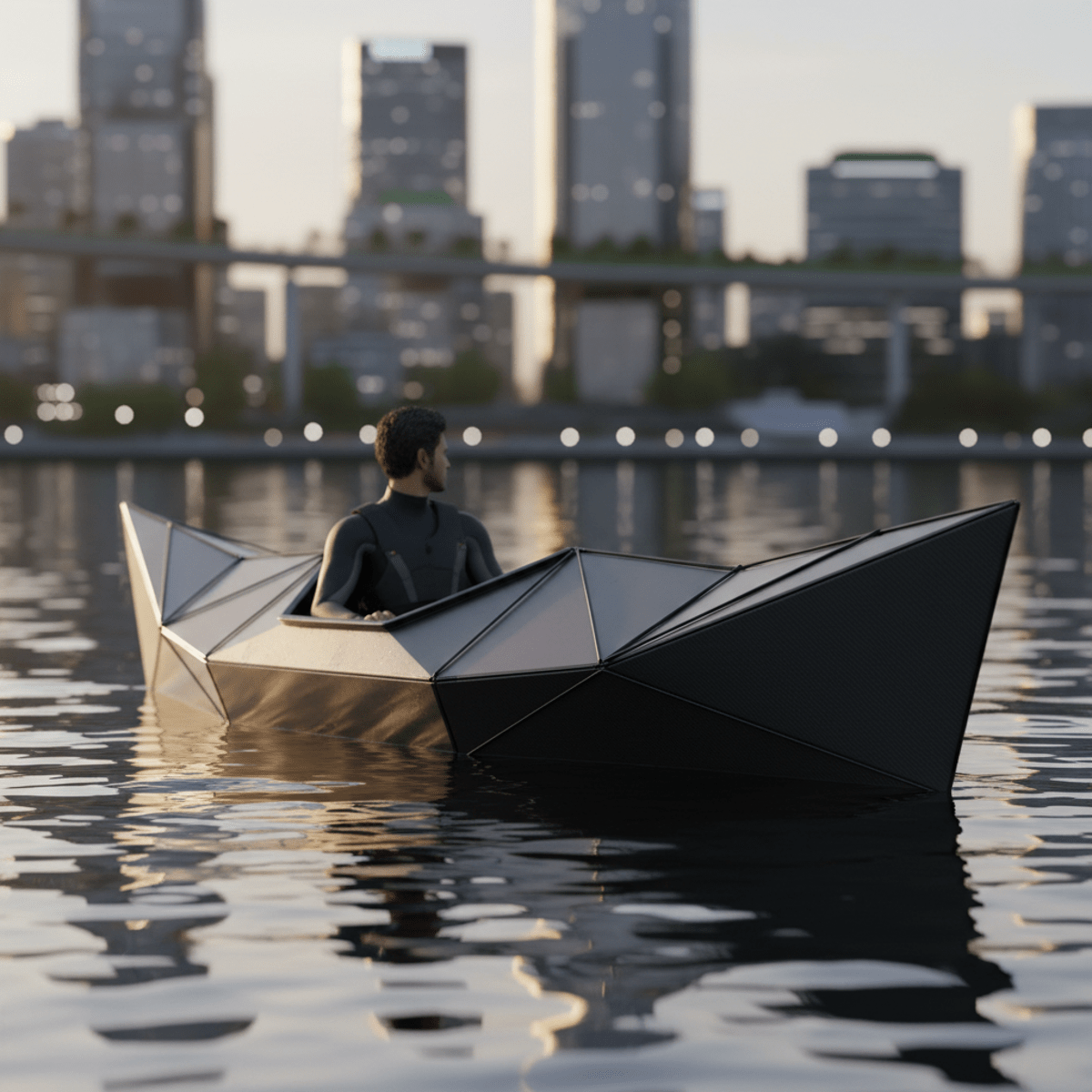 Origami-inspired kayak unfolds on calm water, showcasing its geometric carbon fiber framework.