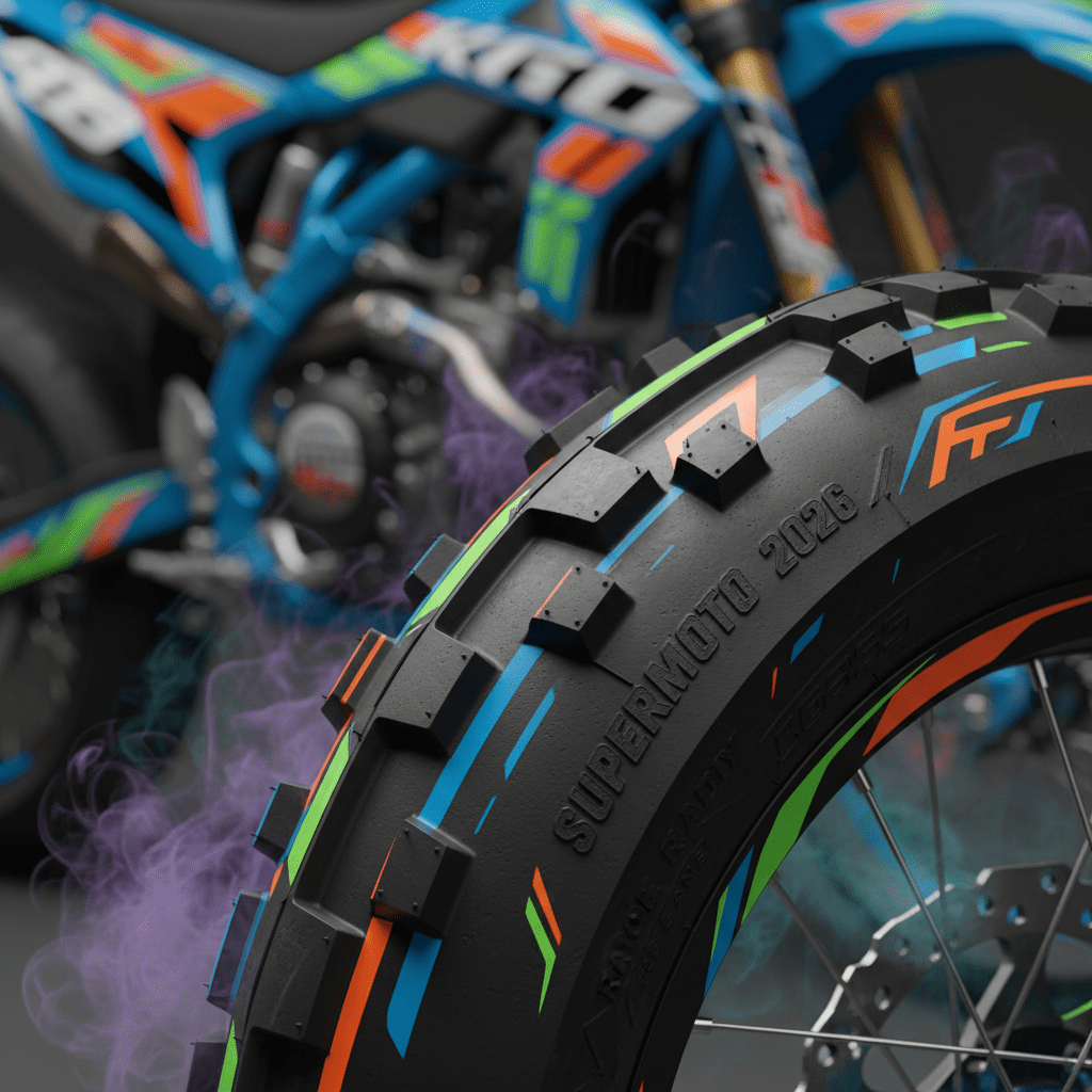Extreme close-up of a supermoto tire sidewall with bold graphics and colorful accents.