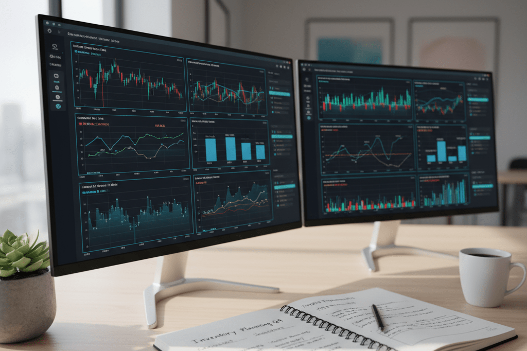 Desk setup with monitors showing economic data charts and inventory planning notes under warm natural light