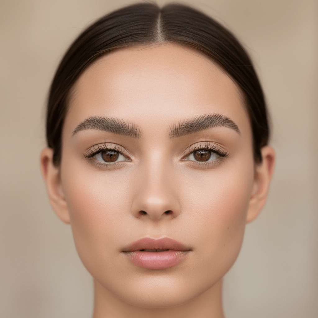 Model with delicate, groomed 90s-inspired thin eyebrows in soft diffused daylight.