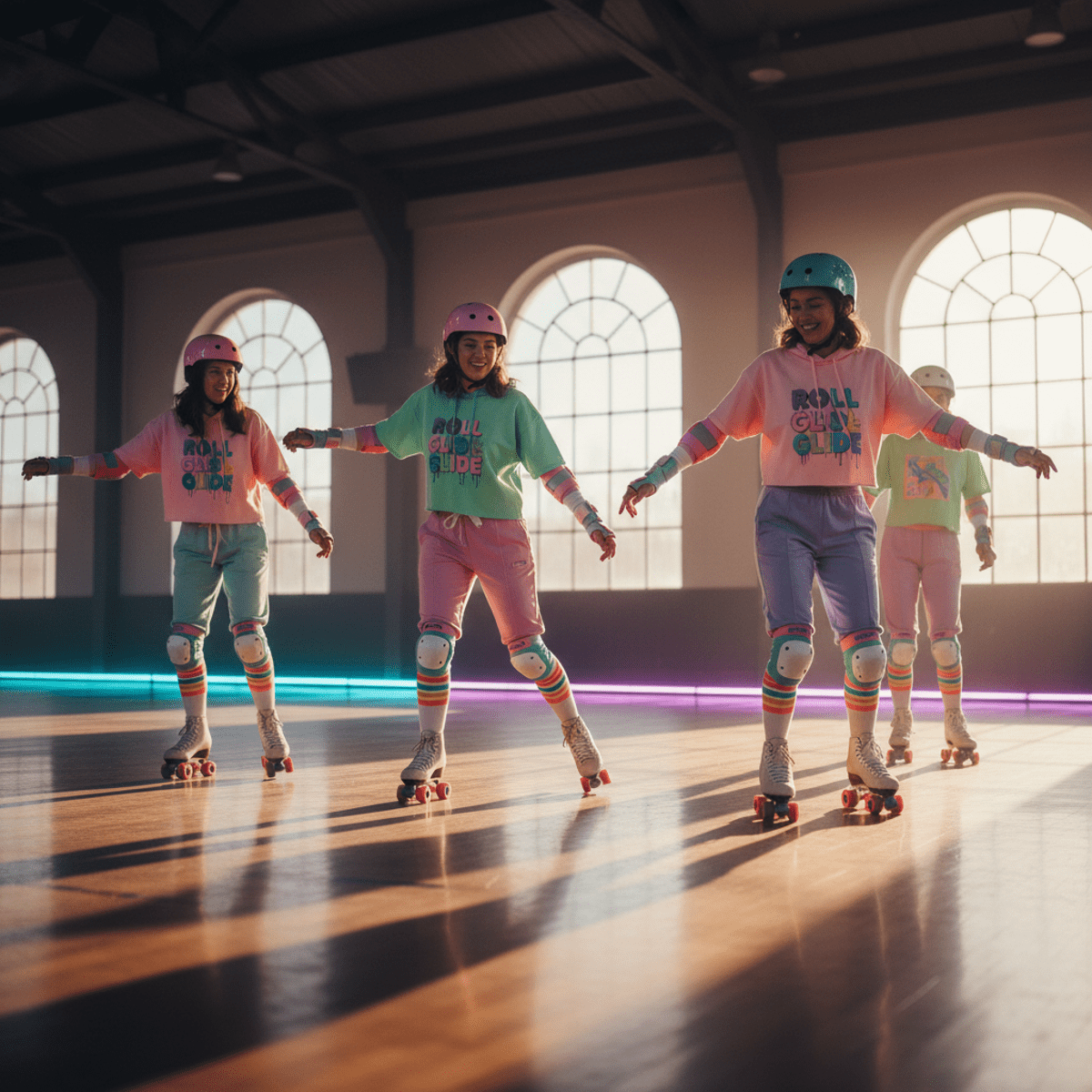 Retro skaters in pastel gear glide on a polished hardwood rink under neon lights.